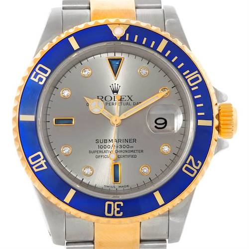 This image shows a front view of a Rolex Submariner 16613 Men's Steel and Gold (two tone) Grey Dial 16613 Men's Steel and Gold (two tone) Grey Dial watch, highlighting its dial, bezel, and bracelet.