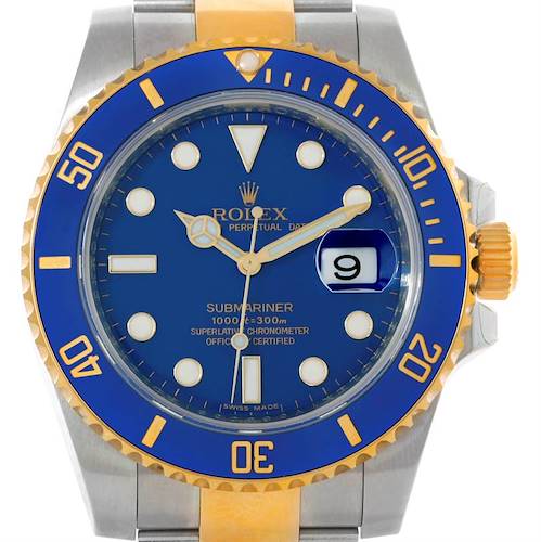 The image shows a frontal view of a Rolex Submariner 116613 Men's Steel and Gold (two tone) Blue Dial 116613 Men's Steel and Gold (two tone) Blue Dial watch, highlighting its blue dial, blue bezel, and date window.