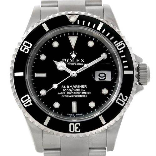 The image shows a front view of the Rolex Submariner 16610 Men's Stainless Steel Black Dial 16610 Men's Stainless Steel Black Dial watch, featuring its face, bezel, crown, and part of the bracelet.