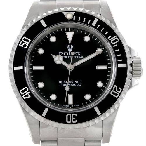 The image shows a front view of a Rolex Submariner 14060 Men's Stainless Steel Black Dial 14060 Men's Stainless Steel Black Dial watch, highlighting the black dial, bezel, and stainless steel bracelet.