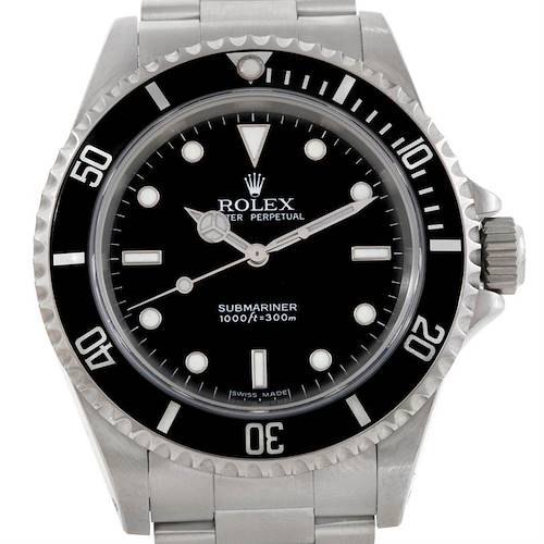 This image shows a front-facing view of the Rolex Submariner 14060 Men's Stainless Steel Black Dial 14060 Men's Stainless Steel Black Dial's dial, bezel, and parts of the bracelet.