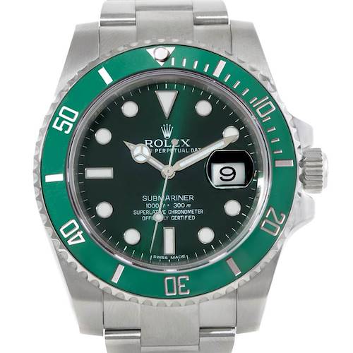 This is a frontal view of a Rolex Submariner 116610LV Men's Stainless Steel Green Dial 116610LV Men's Stainless Steel Green Dial showing the face, bezel, crown, and part of the bracelet.