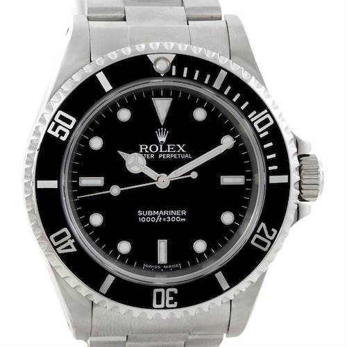 The image shows a front view of the Rolex Submariner 14060 Men's Stainless Steel Black Dial 14060 Men's Stainless Steel Black Dial watch, highlighting its black dial, bezel, and stainless steel bracelet.