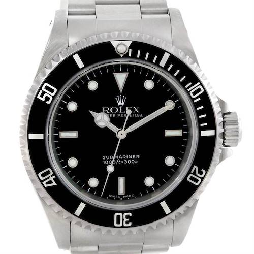 The image shows a front view of a Rolex Submariner 14060 Men's Stainless Steel Black Dial 14060 Men's Stainless Steel Black Dial watch, displaying its dial, bezel, and bracelet.