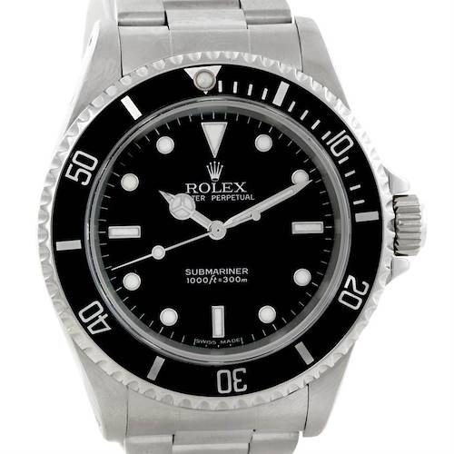 This image shows a front view of the Rolex Submariner 14060M Men's Stainless Steel Black Dial 14060M Men's Stainless Steel Black Dial watch, highlighting its bezel, dial, hands, markers, and bracelet.