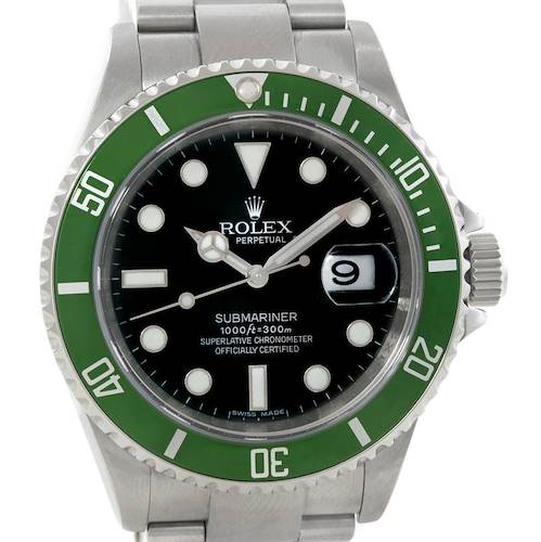The image shows a front view of a Rolex Submariner 16610LV Men's Stainless Steel Black Dial 16610LV Men's Stainless Steel Black Dial watch with a green bezel and a black dial.