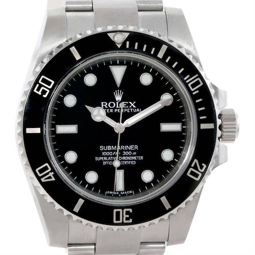 The image shows a front view of a Rolex Submariner 114060 Men's Stainless Steel Black Dial 114060 Men's Stainless Steel Black Dial, highlighting its bezel, dial, and crown.
