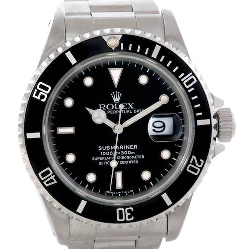 The image shows a front view of a Rolex Submariner 16610 Men's Stainless Steel Black Dial 16610 Men's Stainless Steel Black Dial watch, displaying its dial, bezel, crown, and part of the bracelet.