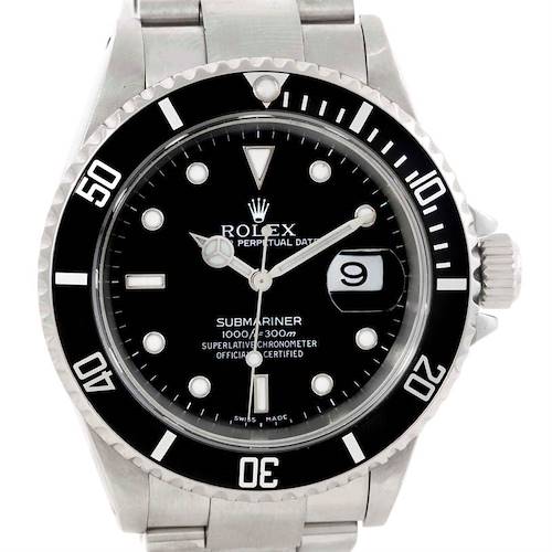 The image shows a front view of the Rolex Submariner 16610 Men's Stainless Steel Black Dial 16610 Men's Stainless Steel Black Dial watch, displaying its bezel, dial, hands, and bracelet.