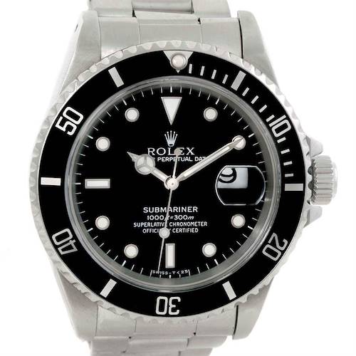The image shows a front view of a Rolex Submariner 16610 Men's Stainless Steel Black Dial 16610 Men's Stainless Steel Black Dial watch, highlighting its black dial, bezel, and stainless steel bracelet.