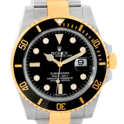 The image shows a front view of the Rolex Submariner 116613 Men's Steel and Gold (two tone) Black Dial 116613 Men's Steel and Gold (two tone) Black Dial watch, highlighting its face, bezel, crown, and part of the bracelet.