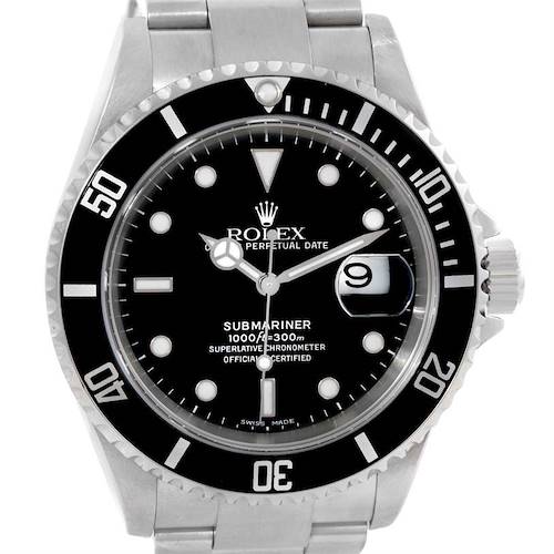 The image shows the dial, bezel, and part of the bracelet of a Rolex Submariner 16610 Men's Stainless Steel Black Dial 16610 Men's Stainless Steel Black Dial watch from a front angle.