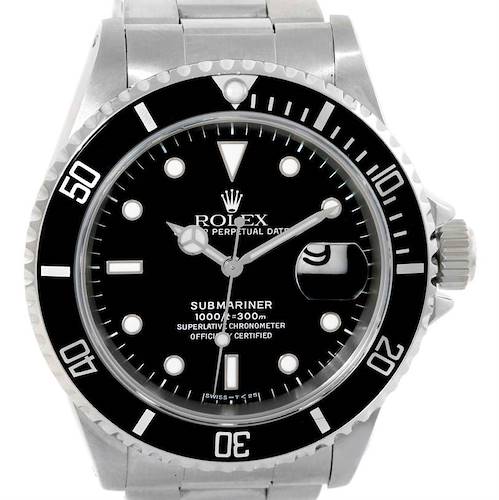 The image shows a front view of the Rolex Submariner 16610 Men's Stainless Steel Black Dial 16610 Men's Stainless Steel Black Dial watch, highlighting its dial, bezel, crown, and part of the bracelet.