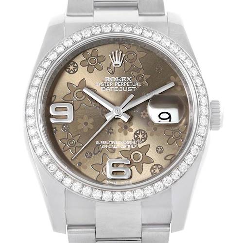 This image shows a front view of a Rolex Datejust 116244 Men's Stainless Steel Brown Dial 116244 Men's Stainless Steel Brown Dial watch, highlighting its face, bezel, and part of the bracelet.