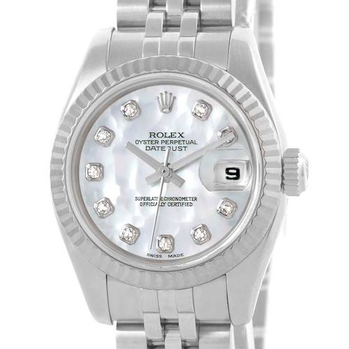 This image shows a front view of the Rolex Datejust 179174 Women's Stainless Steel Mother of Pearl Dial 179174 Women's Stainless Steel Mother of Pearl Dial watch, focusing on the dial, bezel, and part of the bracelet.