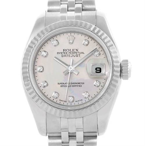 The image shows a front view of a Rolex Datejust 179174 Women's Stainless Steel Mother of Pearl Dial 179174 Women's Stainless Steel Mother of Pearl Dial watch, highlighting its fluted bezel, diamond hour markers, and date window.