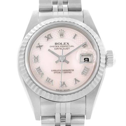 This image shows a frontal view of a Rolex Datejust 79174 Women's Stainless Steel Mother of Pearl Dial 79174 Women's Stainless Steel Mother of Pearl Dial watch, highlighting its dial, bezel, and part of the bracelet.