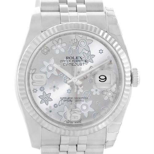 The image shows a front view of a Rolex Datejust 116234 Stainless Steel Silver Dial 116234 Stainless Steel Silver Dial watch, displaying the dial, case, bracelet, and bezel.