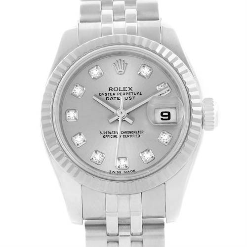 This image shows a front view of a Rolex Datejust 179174 Women's Stainless Steel Silver Dial 179174 Women's Stainless Steel Silver Dial watch, showcasing its dial, fluted bezel, and part of the bracelet.