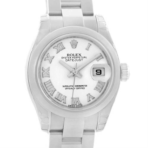This image shows a frontal view of the Rolex Datejust 179160 Women's Stainless Steel White Dial 179160 Women's Stainless Steel White Dial watch, highlighting its dial, hands, Roman numerals, date display, and part of the bracelet.