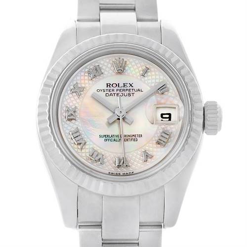This is a close-up shot of the face and part of the band of a Rolex Datejust 179174 Women's Stainless Steel Mother of Pearl Dial 179174 Women's Stainless Steel Mother of Pearl Dial watch.