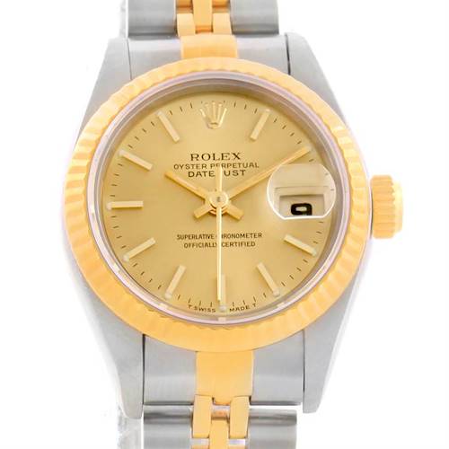 This image shows a front view of the Rolex Datejust 69173 Women's Stainless Steel Champagne Dial 69173 Women's Stainless Steel Champagne Dial watch, highlighting the dial, bezel, and band.