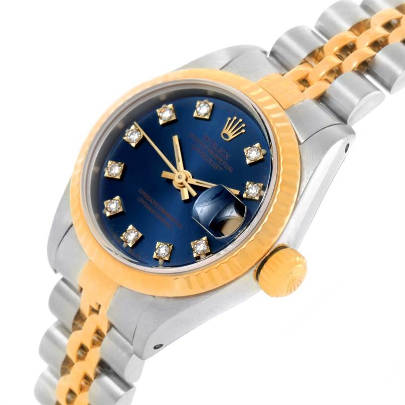 This image shows a Rolex Datejust 69173 Women's Stainless Steel Blue Dial 69173 Women's Stainless Steel Blue Dial watch at an angled view, highlighting the bezel, dial, crown, and part of the bracelet.