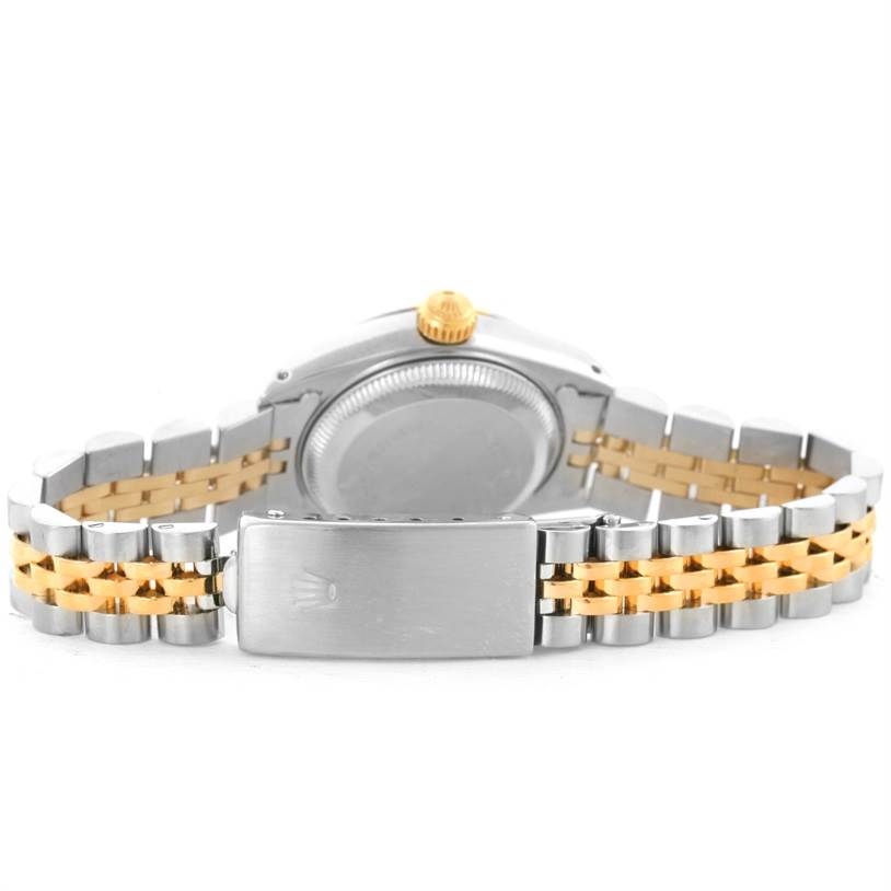 The image shows the back of a Rolex Datejust 69173 Women's Stainless Steel Blue Dial 69173 Women's Stainless Steel Blue Dial watch, highlighting the case back, crown, and metal bracelet with a clasp.