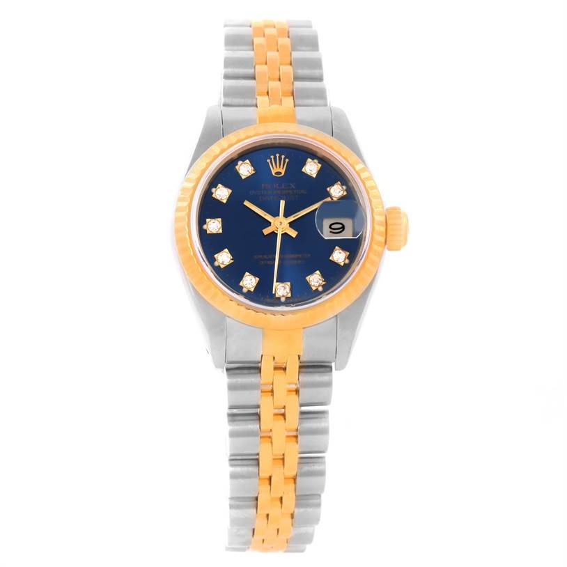 The image shows a front view of a Rolex Datejust 69173 Women's Stainless Steel Blue Dial 69173 Women's Stainless Steel Blue Dial watch, displaying its face, bezel, and bracelet.