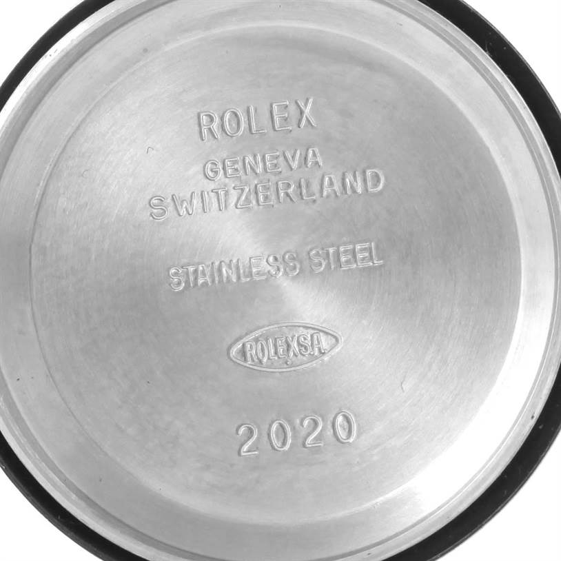 The image shows the interior of a Rolex Datejust 79163 Women's Steel and Gold (two tone) Blue Dial 79163 Women's Steel and Gold (two tone) Blue Dial's case back, engraved with brand details and the year 2020.