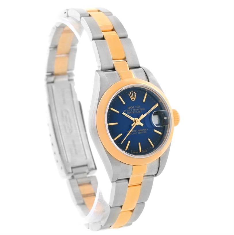 The image shows a Rolex Datejust 79163 Women's Steel and Gold (two tone) Blue Dial 79163 Women's Steel and Gold (two tone) Blue Dial watch angled to display the dial, crown, and two-tone bracelet.