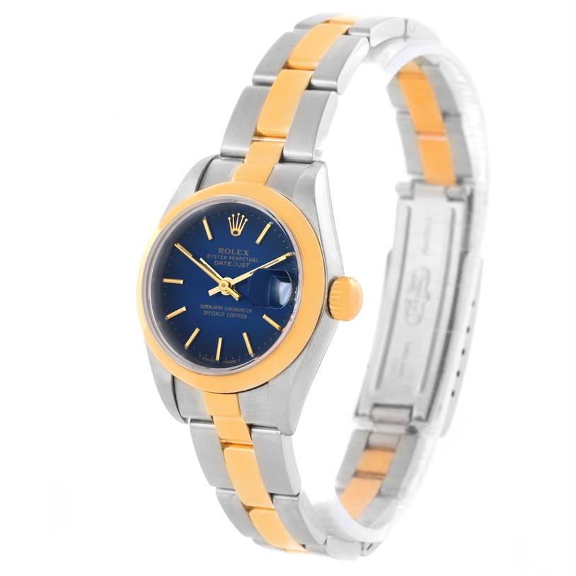 This image shows a Rolex Datejust 79163 Women's Steel and Gold (two tone) Blue Dial 79163 Women's Steel and Gold (two tone) Blue Dial watch at a side angle highlighting the bezel, dial, and bracelet.