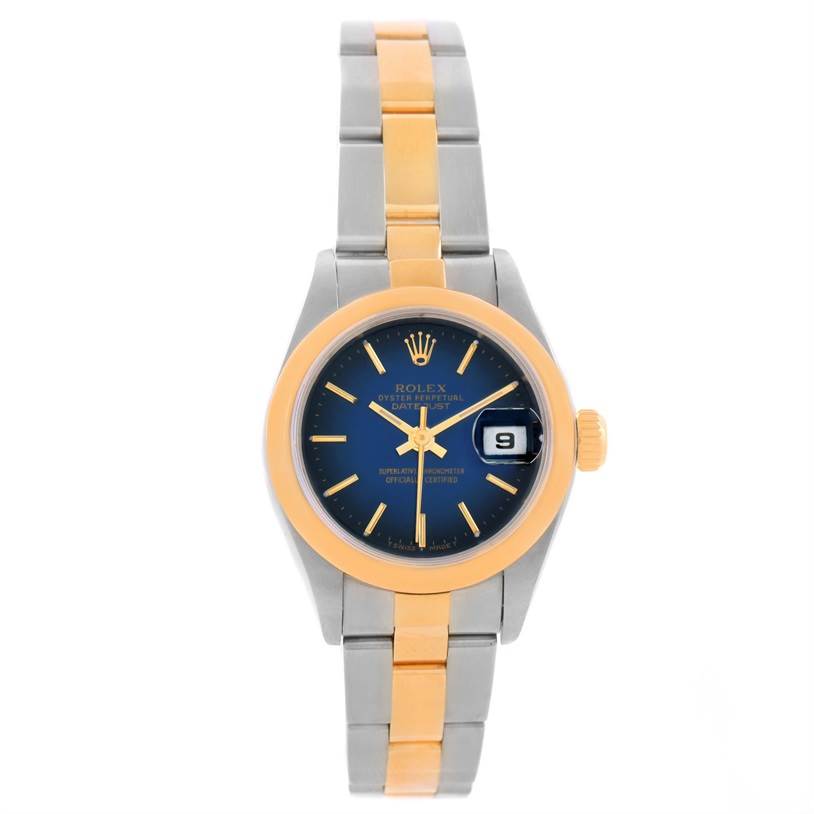 The Rolex Datejust 79163 Women's Steel and Gold (two tone) Blue Dial 79163 Women's Steel and Gold (two tone) Blue Dial watch is shown from the front, showcasing the face, bezel, dial, and partial bracelet.