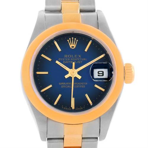 This is a front angle view of a Rolex Datejust 79163 Women's Steel and Gold (two tone) Blue Dial 79163 Women's Steel and Gold (two tone) Blue Dial watch, showcasing the dial, bezel, and part of the bracelet.