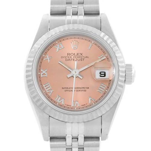 The image showcases the face and bracelet of a Rolex Datejust 69174 Women's Stainless Steel Pink Dial 69174 Women's Stainless Steel Pink Dial watch at a frontal angle.