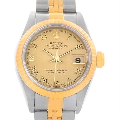 This image shows a front view of a Rolex Datejust 69173 Women's Stainless Steel Champagne Dial 69173 Women's Stainless Steel Champagne Dial watch highlighting the dial, bezel, and part of the bracelet.