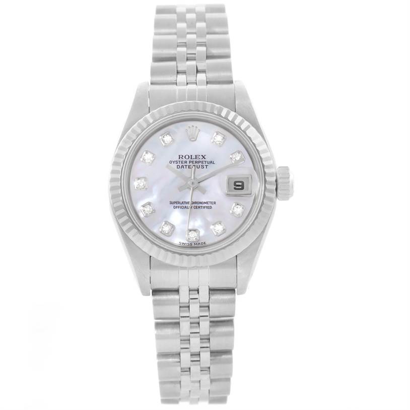 This image shows a frontal view of a Rolex Datejust 79174 Women's Stainless Steel Mother of Pearl Dial 79174 Women's Stainless Steel Mother of Pearl Dial watch, displaying its face, bezel, crown, and bracelet.