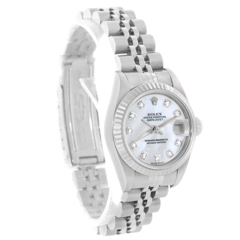 The image shows a Rolex Datejust 79174 Women's Stainless Steel Mother of Pearl Dial 79174 Women's Stainless Steel Mother of Pearl Dial watch at a 3/4 angle, displaying the face, bezel, and bracelet.