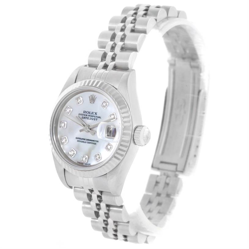 The image shows a Rolex Datejust 79174 Women's Stainless Steel Mother of Pearl Dial 79174 Women's Stainless Steel Mother of Pearl Dial watch at a slight side angle, displaying the dial, crown, bezel, and Jubilee bracelet.