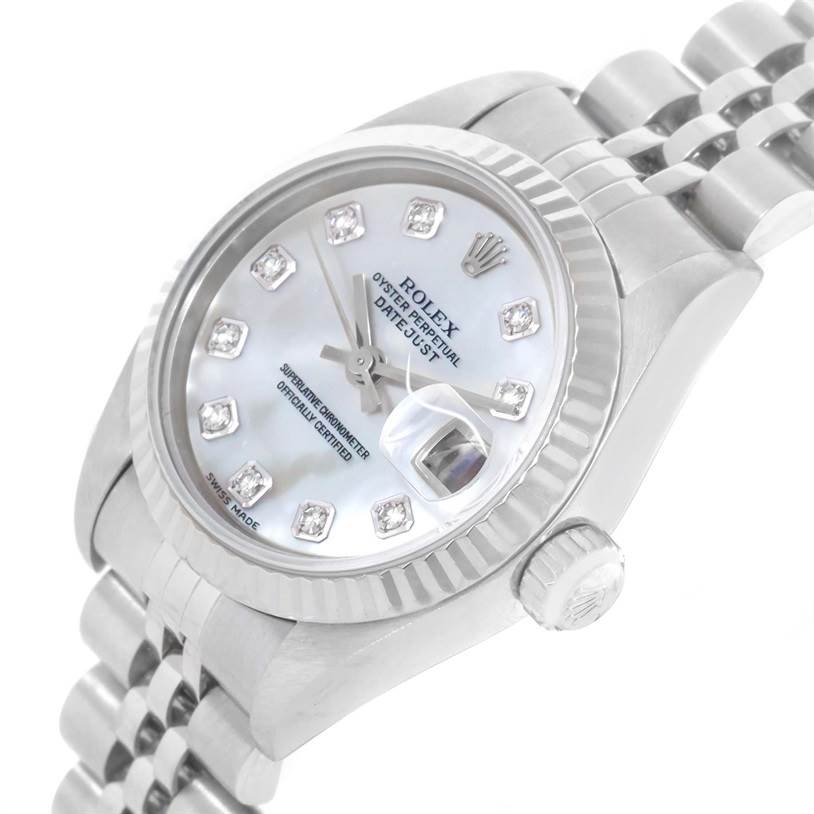 The Rolex Datejust 79174 Women's Stainless Steel Mother of Pearl Dial 79174 Women's Stainless Steel Mother of Pearl Dial watch is shown from an angled top view, highlighting the dial, bezel, and part of the bracelet.