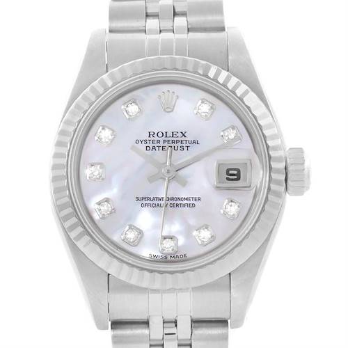 The image shows a frontal view of a Rolex Datejust 79174 Women's Stainless Steel Mother of Pearl Dial 79174 Women's Stainless Steel Mother of Pearl Dial watch, highlighting its dial, bezel, and part of the bracelet.