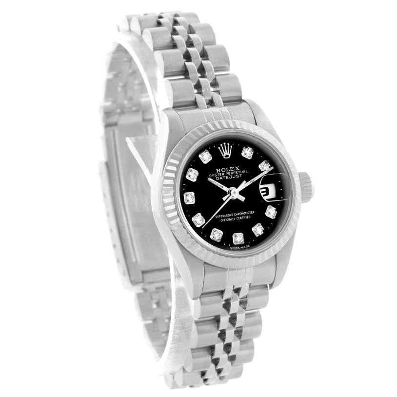The image shows the front view of a Rolex Datejust 69174 Women's Stainless Steel Black Dial 69174 Women's Stainless Steel Black Dial watch with a black dial and jubilee bracelet.