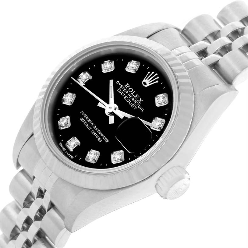 The image shows a close-up angled view of the Rolex Datejust 69174 Women's Stainless Steel Black Dial 69174 Women's Stainless Steel Black Dial model, highlighting the case, dial, and a portion of the bracelet.