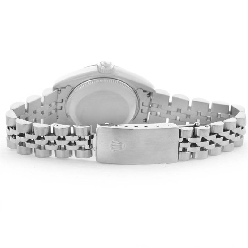 The image shows the back view of a Rolex Datejust 69174 Women's Stainless Steel Black Dial 69174 Women's Stainless Steel Black Dial watch, highlighting the case back and Jubilee bracelet with the clasp.