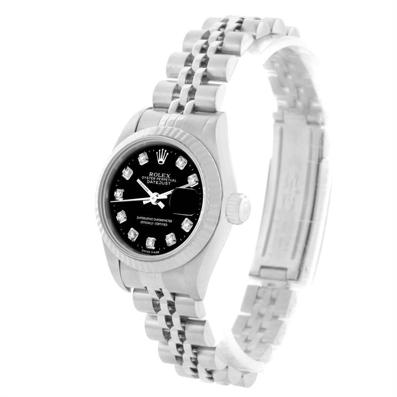The Rolex Datejust 69174 Women's Stainless Steel Black Dial 69174 Women's Stainless Steel Black Dial watch is shown at a slight left angle, displaying the face, bezel, and jubilee bracelet.