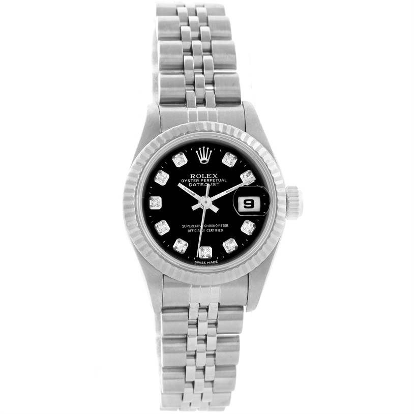This Rolex Datejust 69174 Women's Stainless Steel Black Dial 69174 Women's Stainless Steel Black Dial watch is shown from a straight-on angle, displaying the dial, bezel, bracelet, and date window.