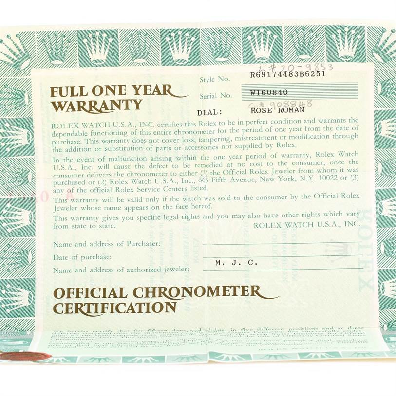 This image shows the warranty and official chronometer certification card for a Rolex Datejust 69174 Women's Stainless Steel Black Dial 69174 Women's Stainless Steel Black Dial watch.