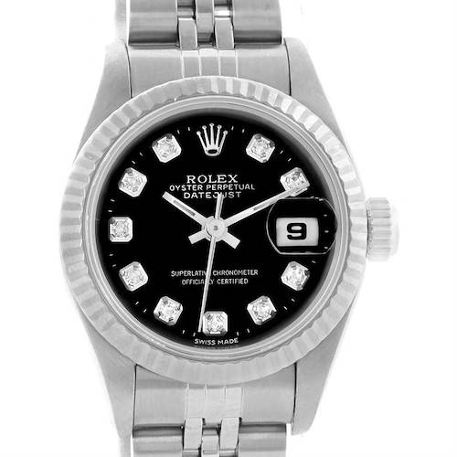 This is a Rolex Datejust 69174 Women's Stainless Steel Black Dial 69174 Women's Stainless Steel Black Dial watch shown from a front angle, highlighting the face, bezel, and a portion of the bracelet.