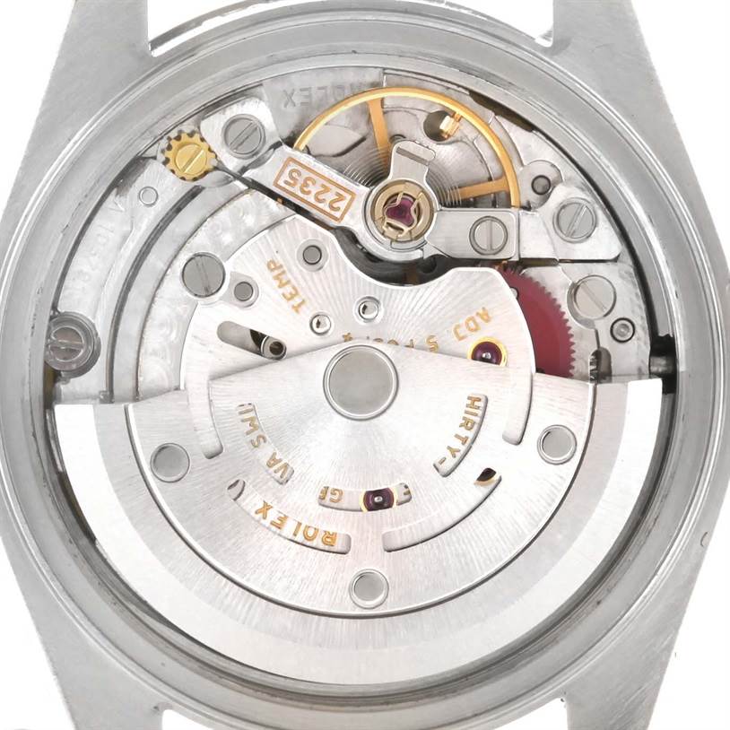 This image shows the intricate internal mechanism of a Rolex Datejust 79174 Women's Stainless Steel Blue Dial 79174 Women's Stainless Steel Blue Dial watch from a rear angle.