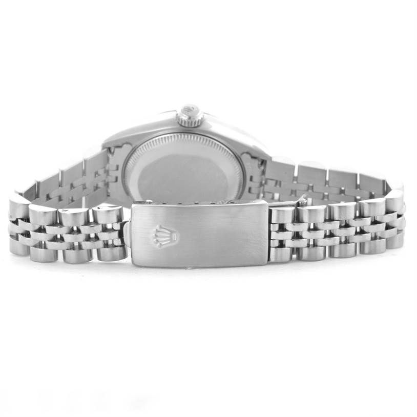 The image shows the rear angle of the Rolex Datejust 79174 Women's Stainless Steel Blue Dial 79174 Women's Stainless Steel Blue Dial watch, highlighting its stainless steel clasp and bracelet.